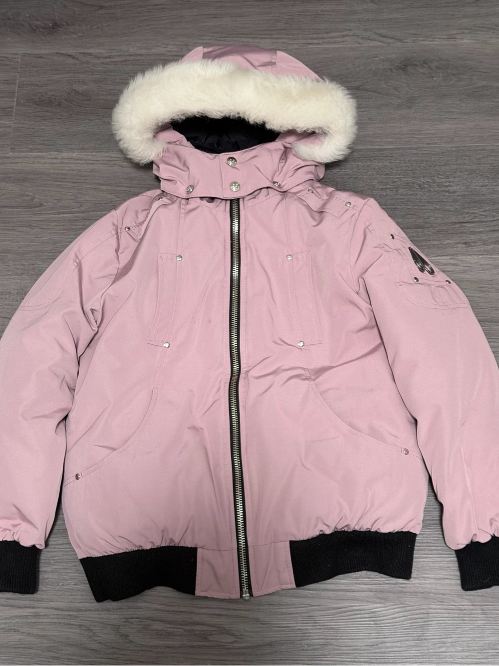 Moose Knuckles Pink Fur-Trim Hooded Puffer Jacket